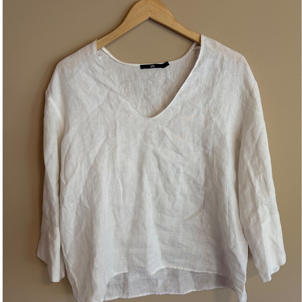 Jarbo Italian White Linen V-Neck Blouse 3/4 Sleeve Minimalist Top